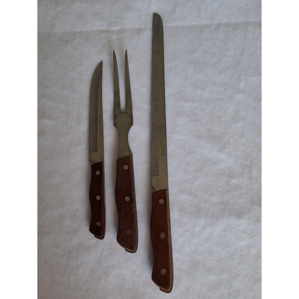 Vintage 3pc. Set Of Maxam Steel Carving Set W/ Wooden Handles Made In Japan GVC